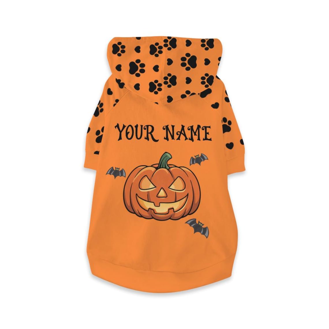 Personalized Halloween Dog Hoodie – Custom Pet Name, Ghost & Pumpkin Design, Cute Fall Costume with Paw Print
