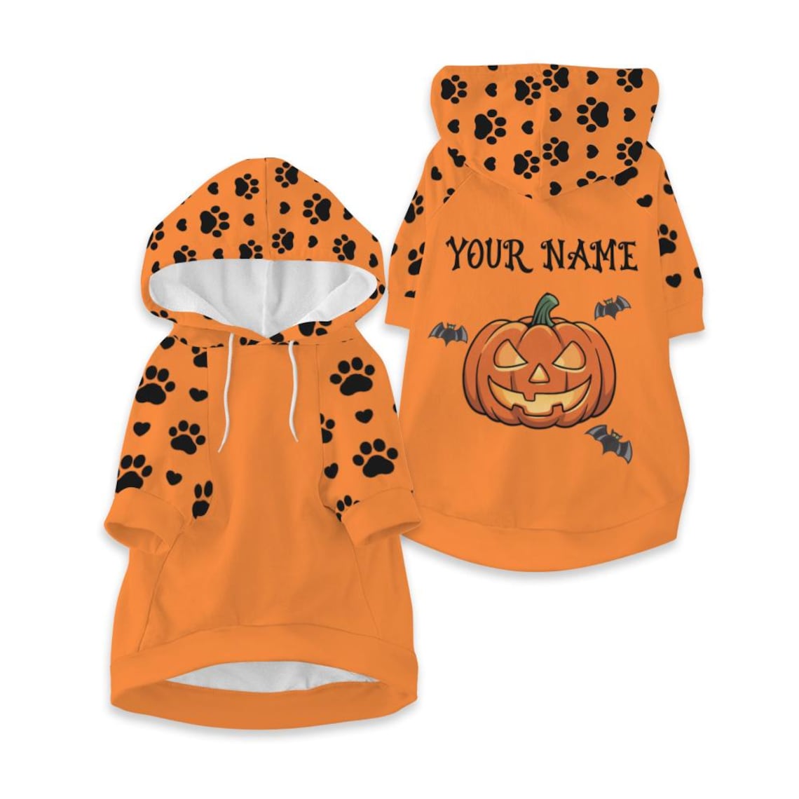 Personalized Halloween Dog Hoodie – Custom Pet Name, Ghost & Pumpkin Design, Cute Fall Costume with Paw Print
