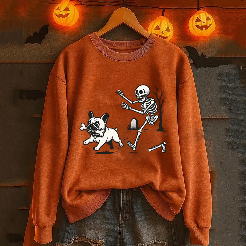 Sweat à capuche Halloween motif tête de mort bouledogue français, cadeau unique pour les amoureux des animaux