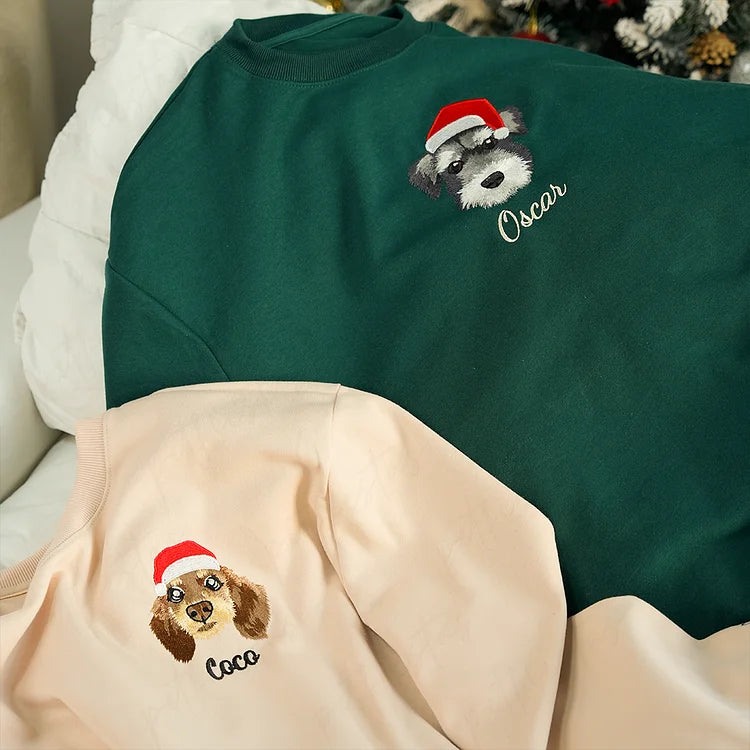 Custom Embroidered Pet Portrait Christmas Sweatshirt Hoodie Christmas Keepsake Gift for Dog & Cat Lovers
