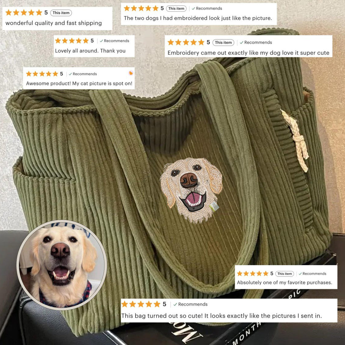 Sac fourre-tout personnalisé avec portrait d'animal brodé – Sac en velours côtelé personnalisé pour les amoureux des chiens et des chats, cadeau de Noël pour maman d'animaux