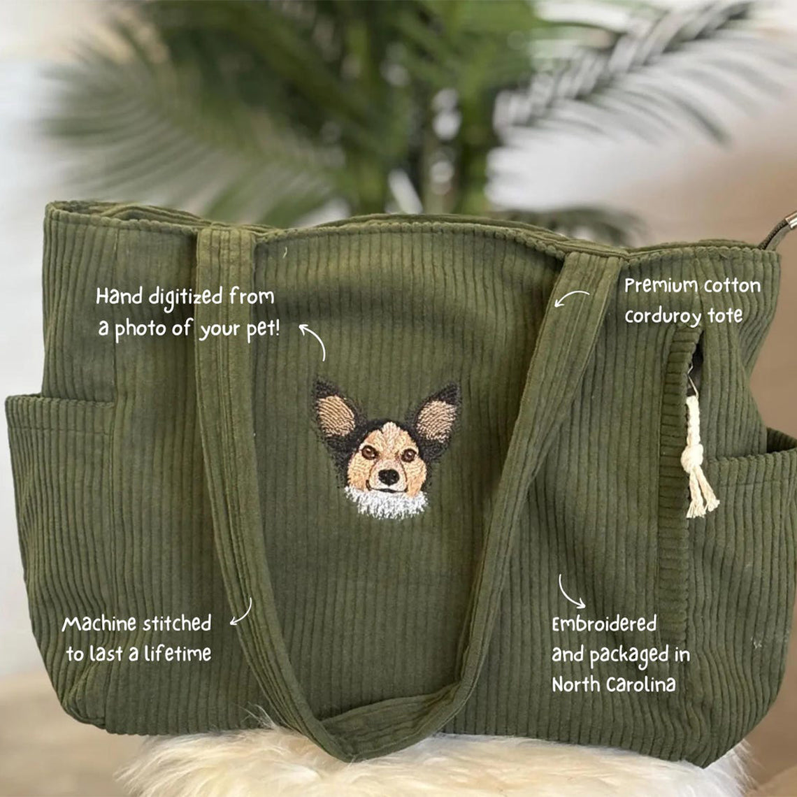 Sac fourre-tout personnalisé avec portrait d'animal brodé – Sac en velours côtelé personnalisé pour les amoureux des chiens et des chats, cadeau de Noël pour maman d'animaux