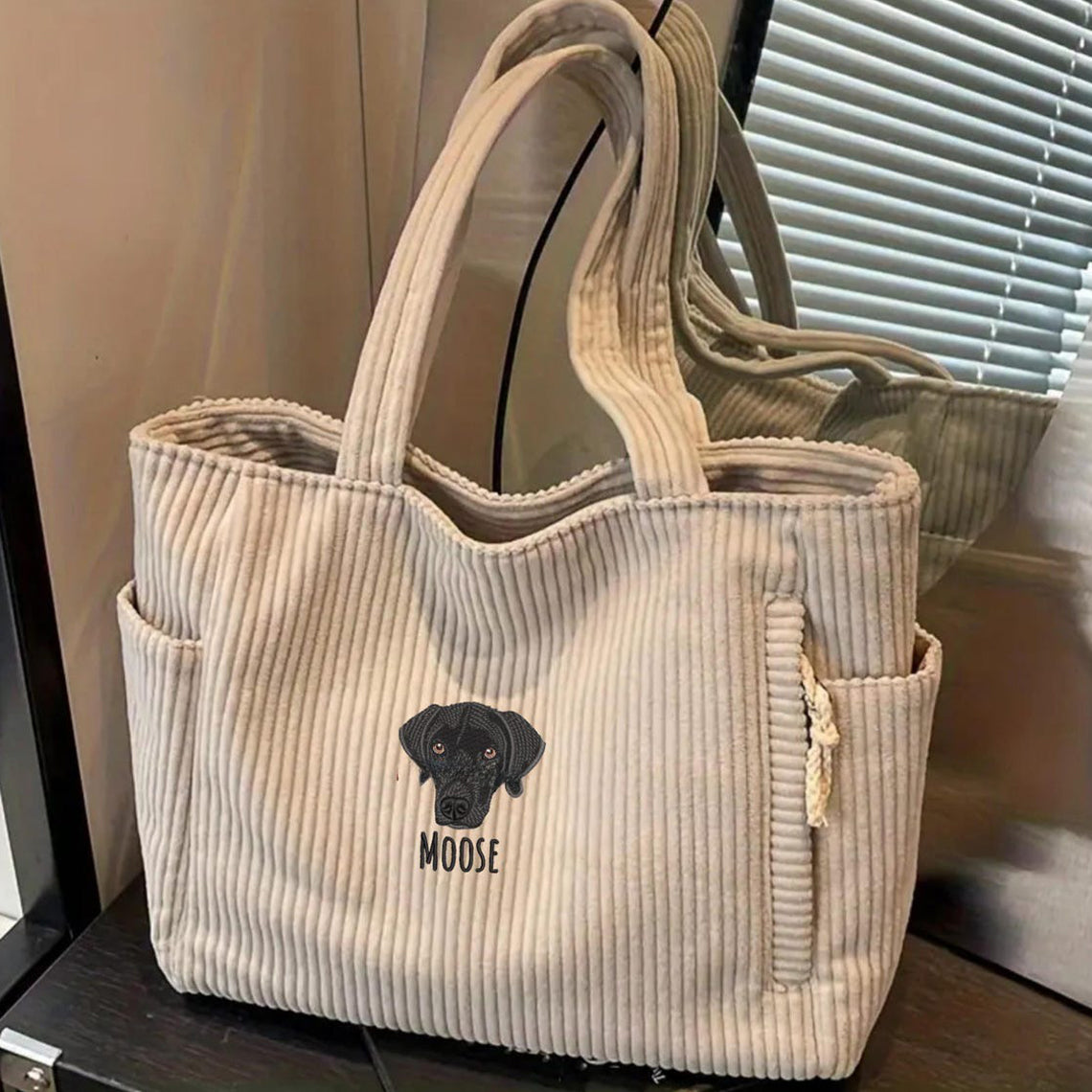 Sac fourre-tout personnalisé avec portrait d'animal brodé – Sac en velours côtelé personnalisé pour les amoureux des chiens et des chats, cadeau de Noël pour maman d'animaux
