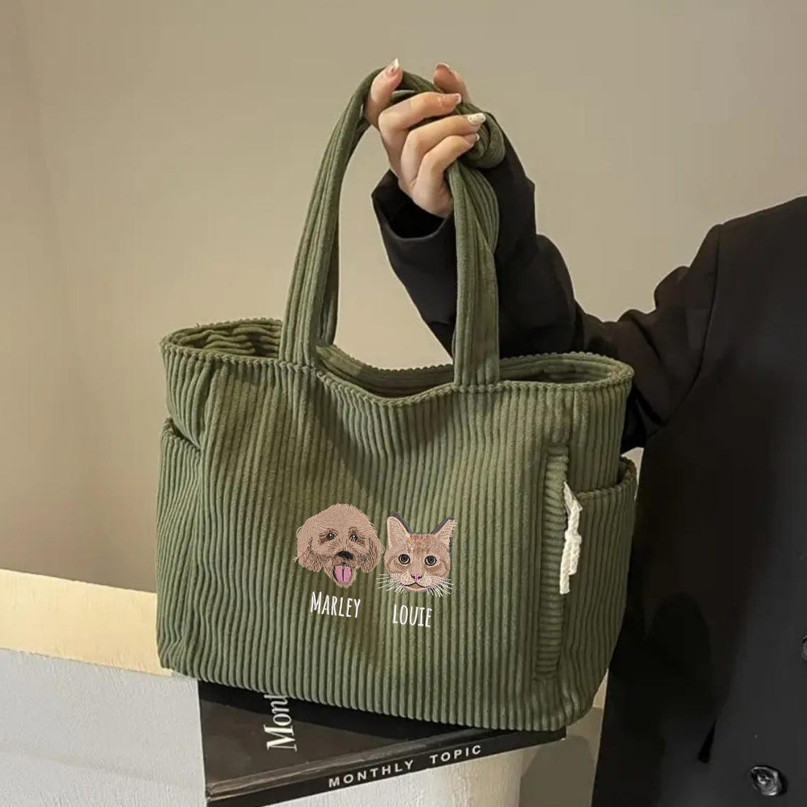 Sac fourre-tout personnalisé avec portrait d'animal brodé – Sac en velours côtelé personnalisé pour les amoureux des chiens et des chats, cadeau de Noël pour maman d'animaux