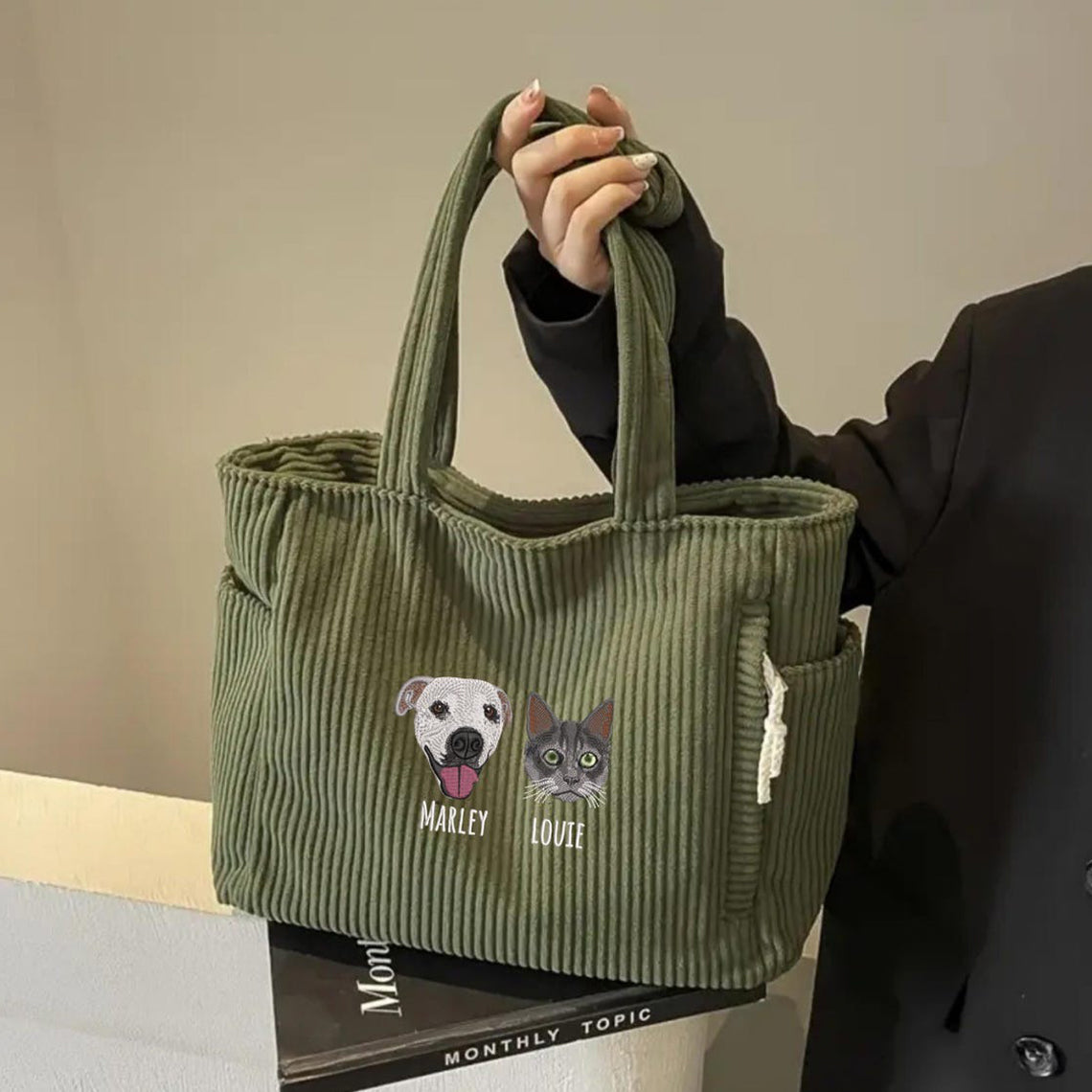 Sac fourre-tout personnalisé avec portrait d'animal brodé – Sac en velours côtelé personnalisé pour les amoureux des chiens et des chats, cadeau de Noël pour maman d'animaux