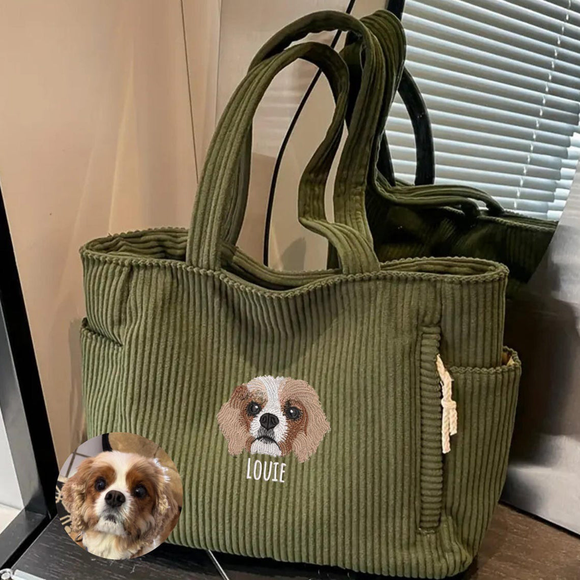 Sac fourre-tout personnalisé avec portrait d'animal brodé – Sac en velours côtelé personnalisé pour les amoureux des chiens et des chats, cadeau de Noël pour maman d'animaux