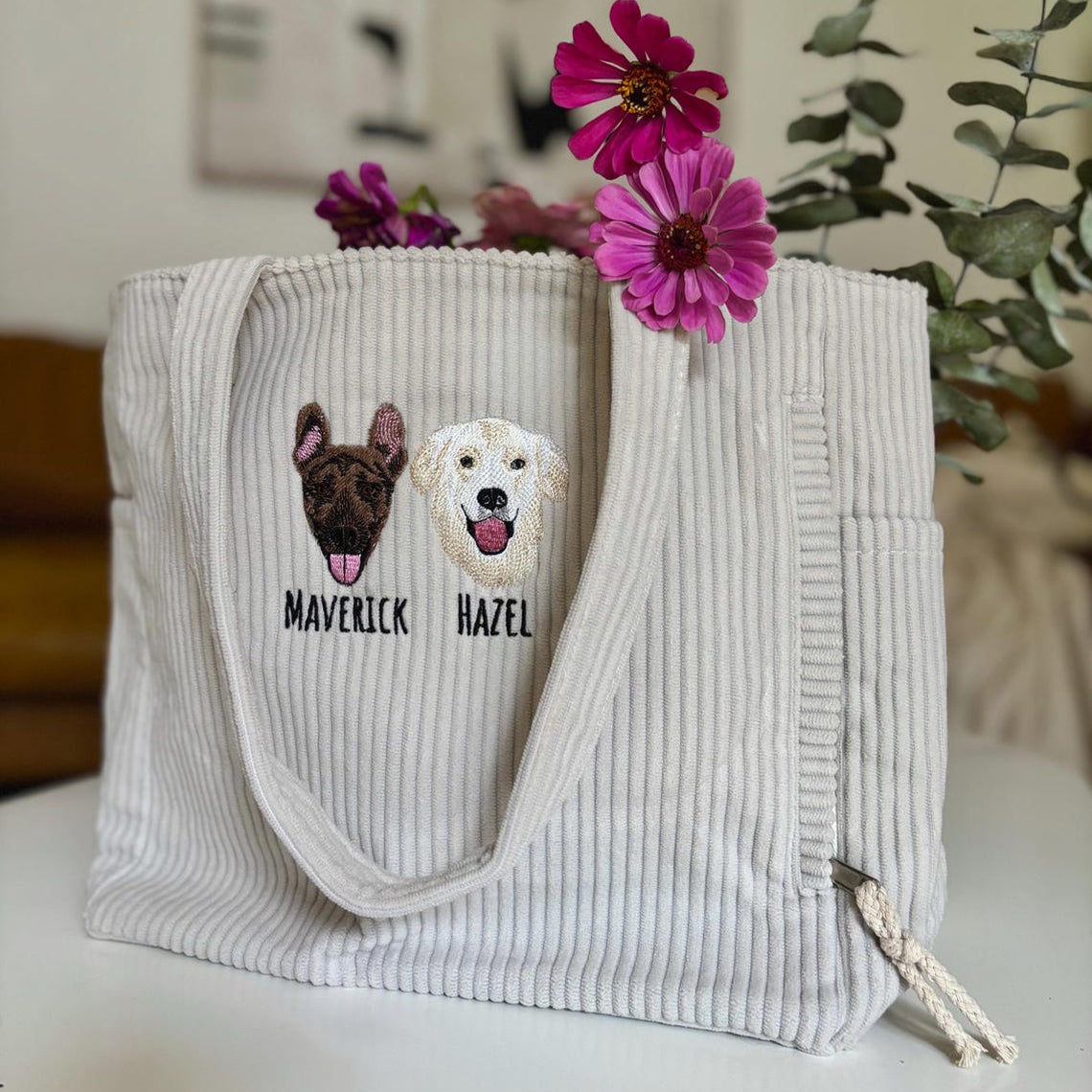 Sac fourre-tout personnalisé avec portrait d'animal brodé – Sac en velours côtelé personnalisé pour les amoureux des chiens et des chats, cadeau de Noël pour maman d'animaux
