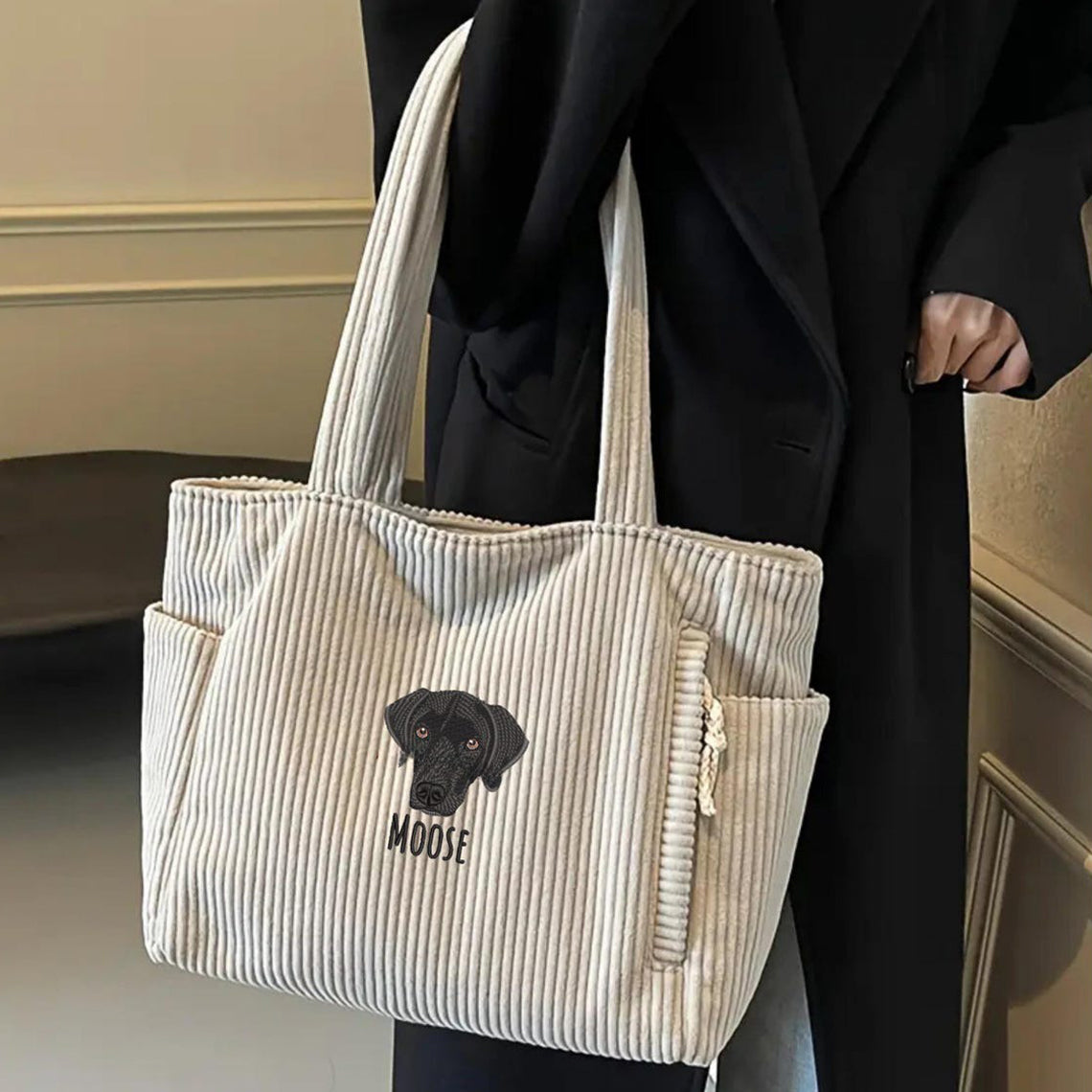 Sac fourre-tout personnalisé avec portrait d'animal brodé – Sac en velours côtelé personnalisé pour les amoureux des chiens et des chats, cadeau de Noël pour maman d'animaux
