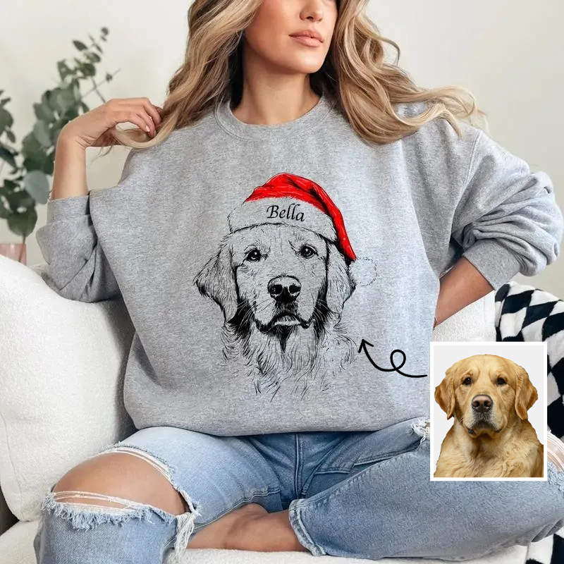 Custom Pet Christmas Sweatshirt - Personalized Dog/Cat Santa Hat Graphic Crewneck