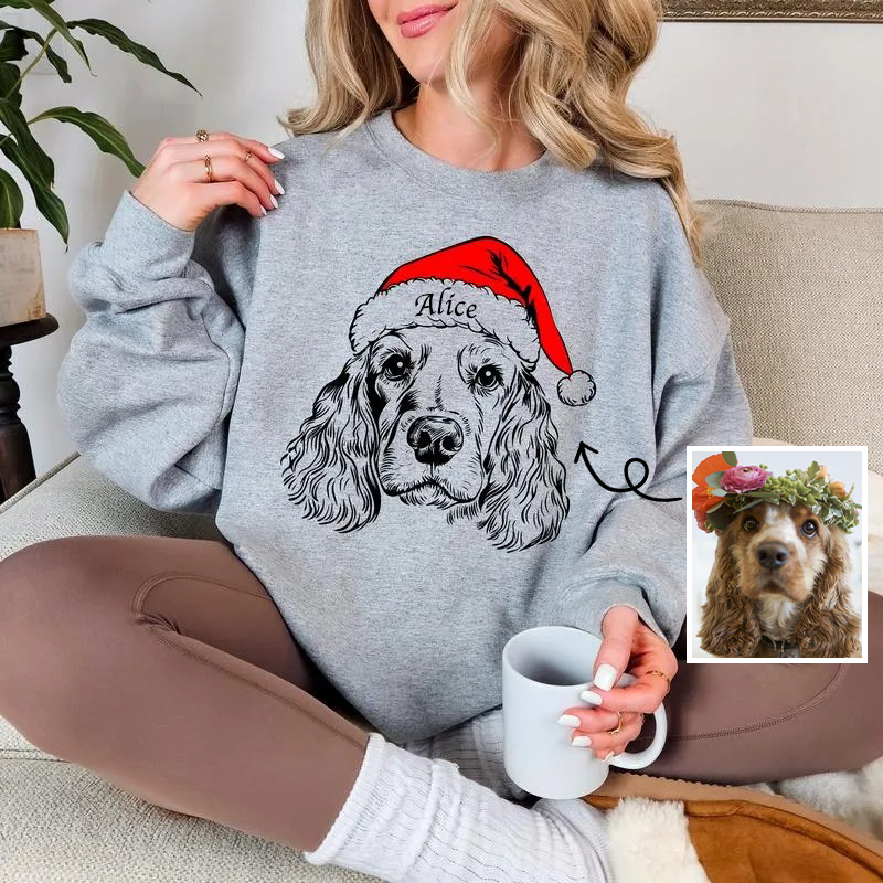 Custom Pet Christmas Sweatshirt - Personalized Dog/Cat Santa Hat Graphic Crewneck