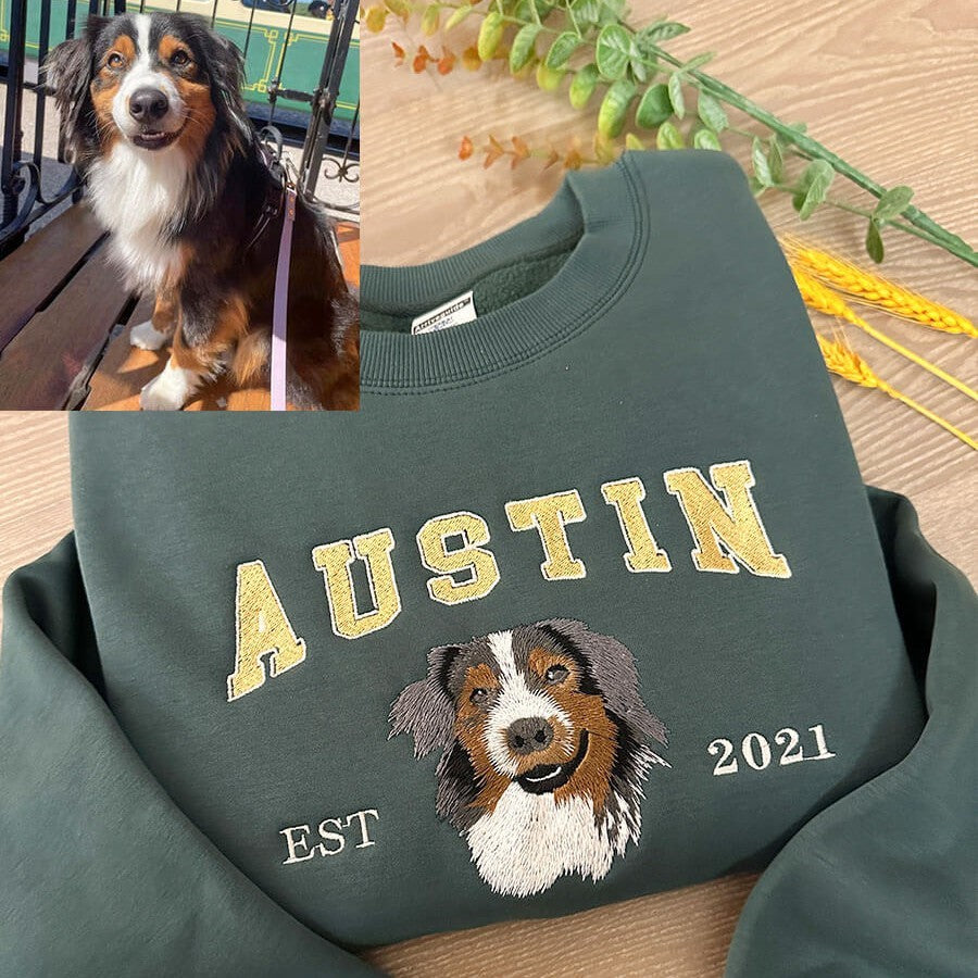 Cara de mascota bordada personalizada y nombre de mascota sudadera retrato de perro bordado cuello redondo regalo amante de las mascotas