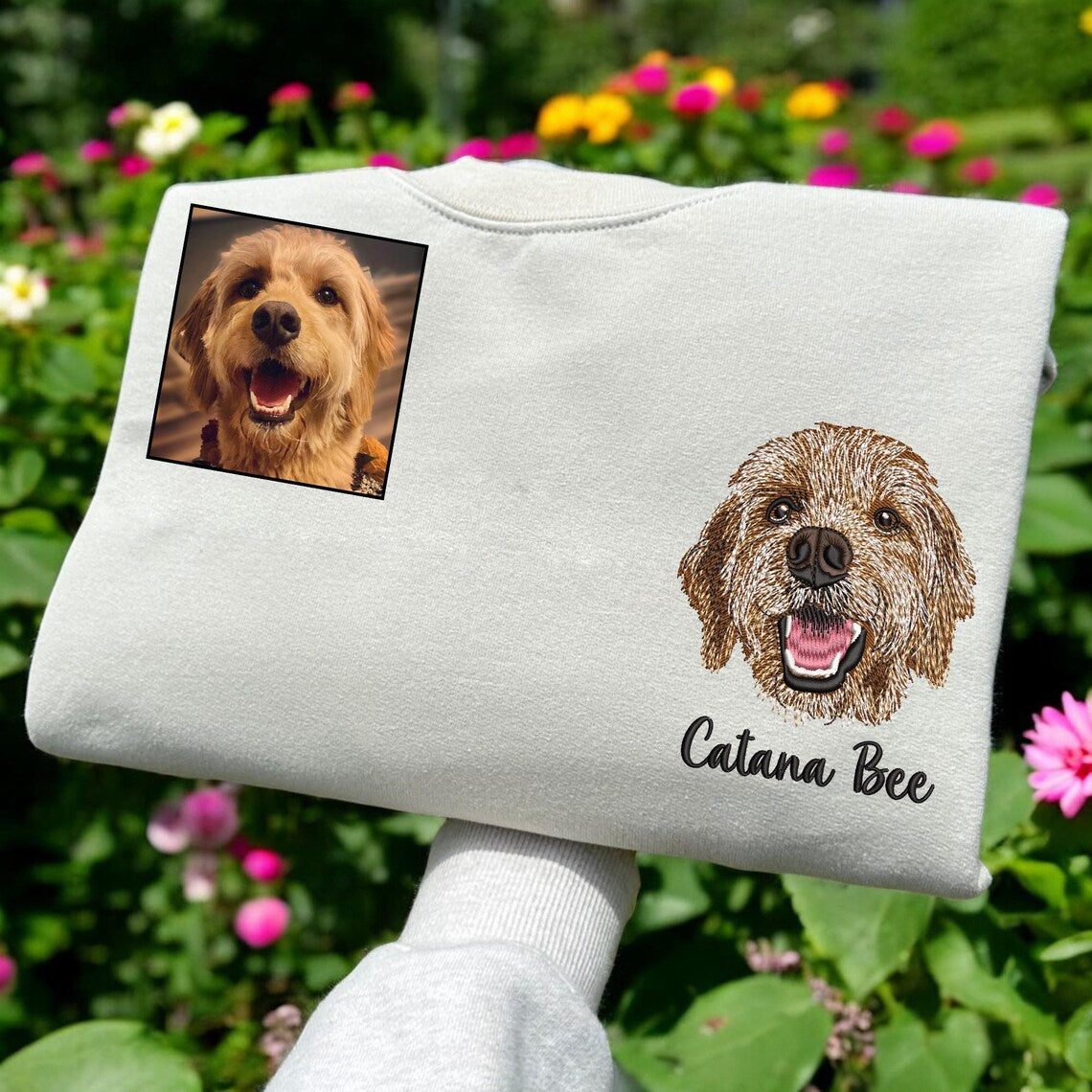 Custom Pet Portrait Embroidered Sweatshirt Hoodie with Pet Face and Name Gift for Pet Lovers