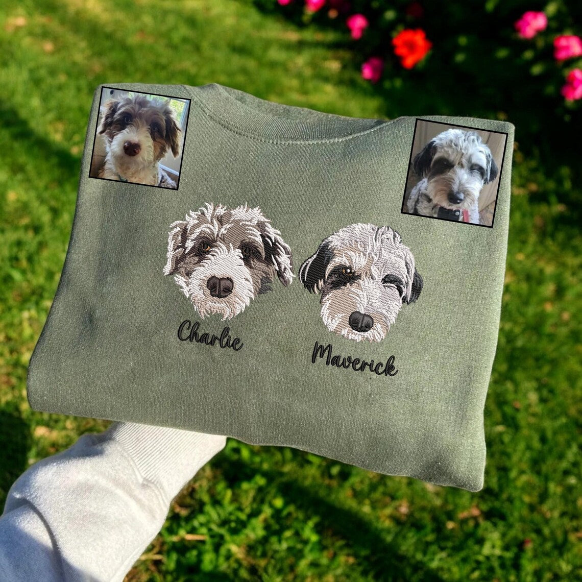 Custom Pet Portrait Embroidered Sweatshirt Hoodie with Pet Face and Name Gift for Pet Lovers