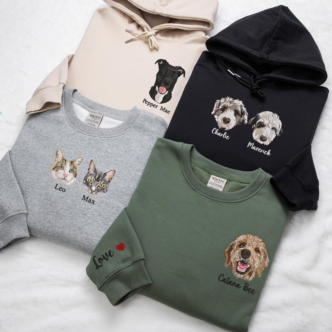 Custom Pet Portrait Embroidered Sweatshirt Hoodie with Pet Face and Name Gift for Pet Lovers