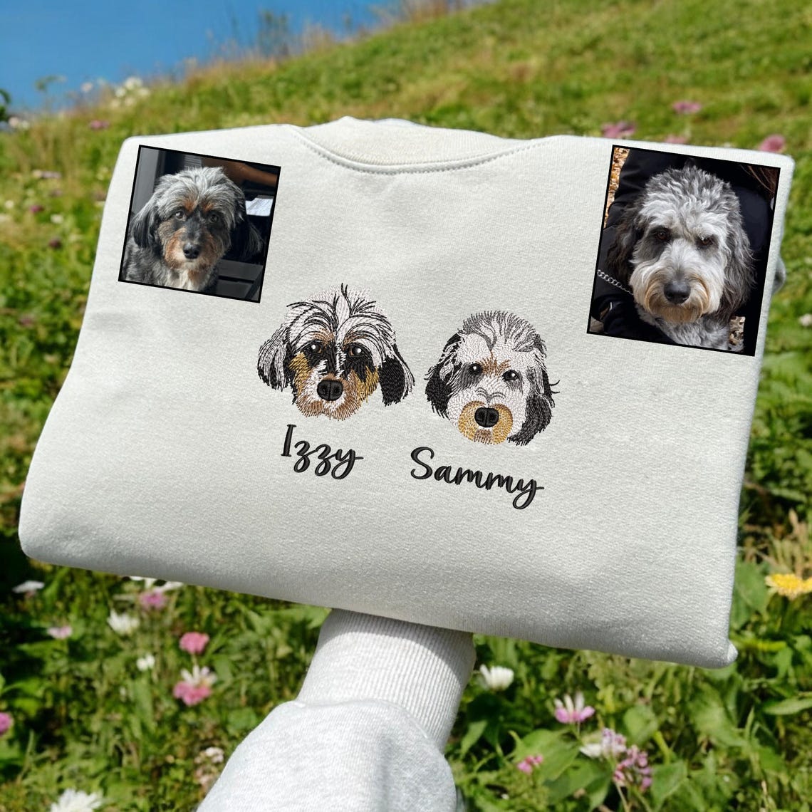 Custom Pet Portrait Embroidered Sweatshirt Hoodie with Pet Face and Name Gift for Pet Lovers