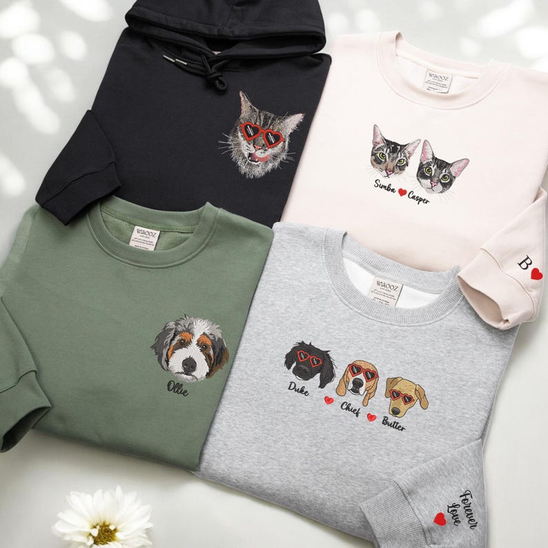 Cara de mascota bordada personalizada y nombre de mascota sudadera retrato de perro bordado cuello redondo regalo amante de las mascotas