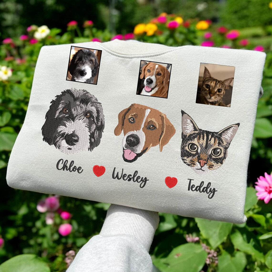 Cara de mascota bordada personalizada y nombre de mascota sudadera retrato de perro bordado cuello redondo regalo amante de las mascotas