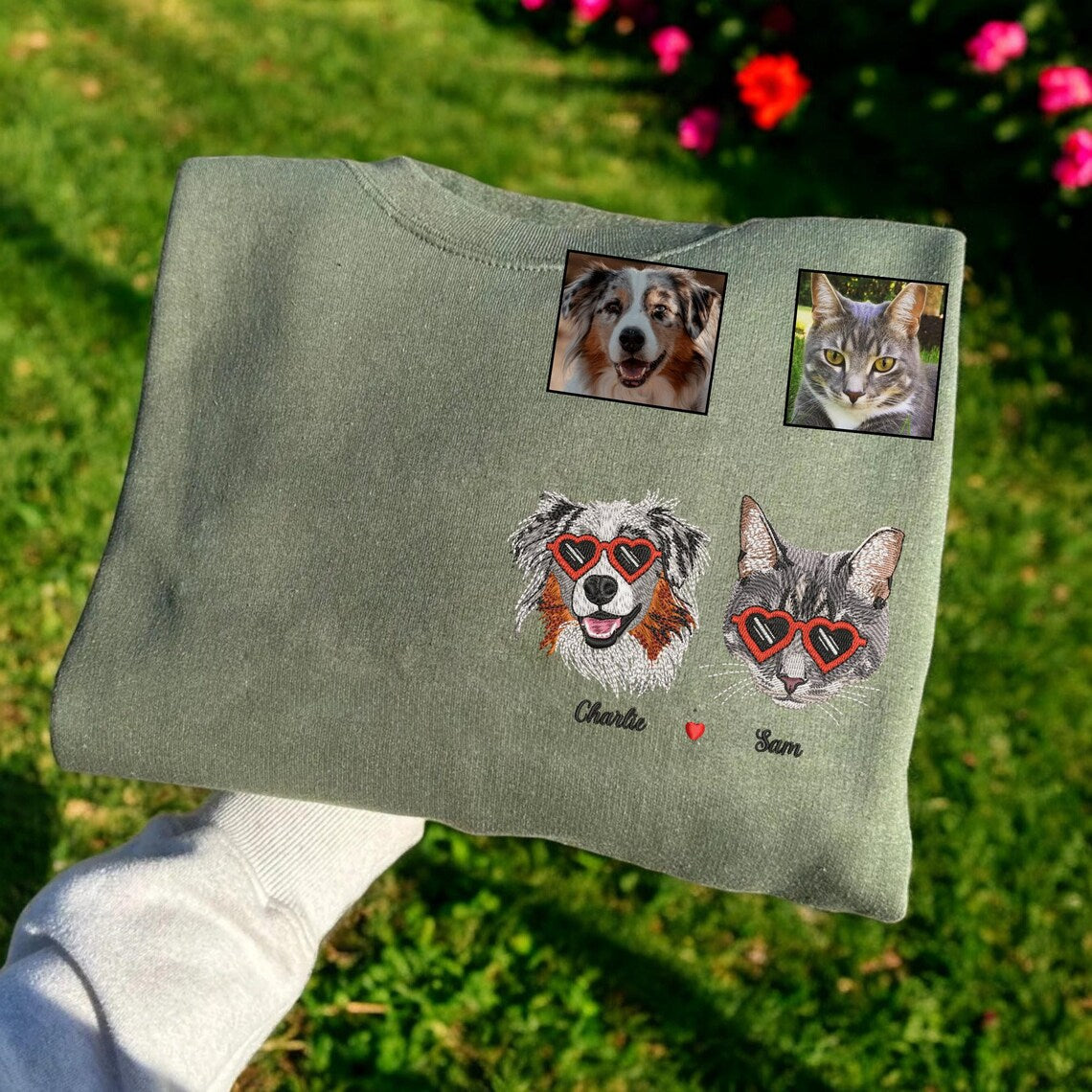 Cara de mascota bordada personalizada y nombre de mascota sudadera retrato de perro bordado cuello redondo regalo amante de las mascotas