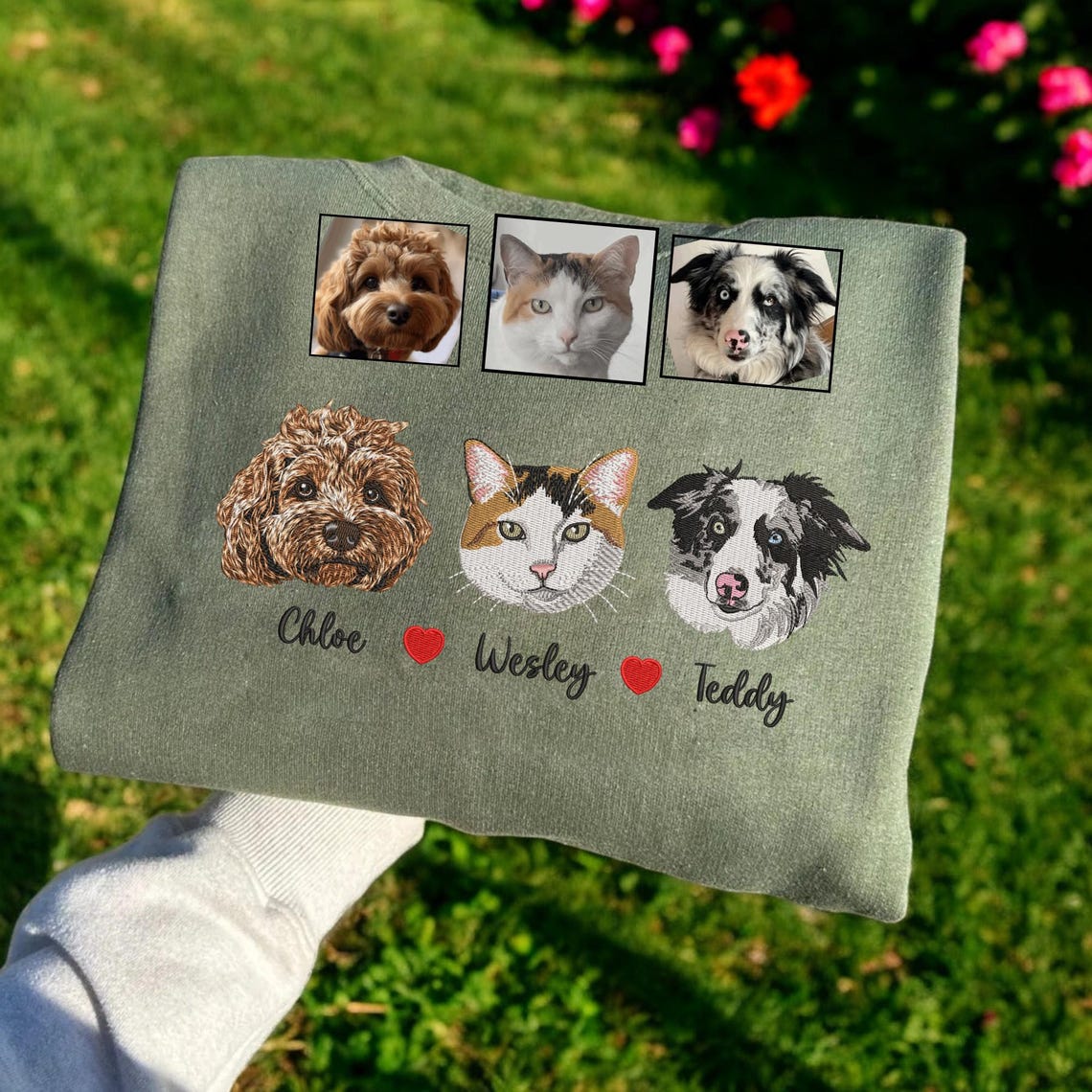 Cara de mascota bordada personalizada y nombre de mascota sudadera retrato de perro bordado cuello redondo regalo amante de las mascotas