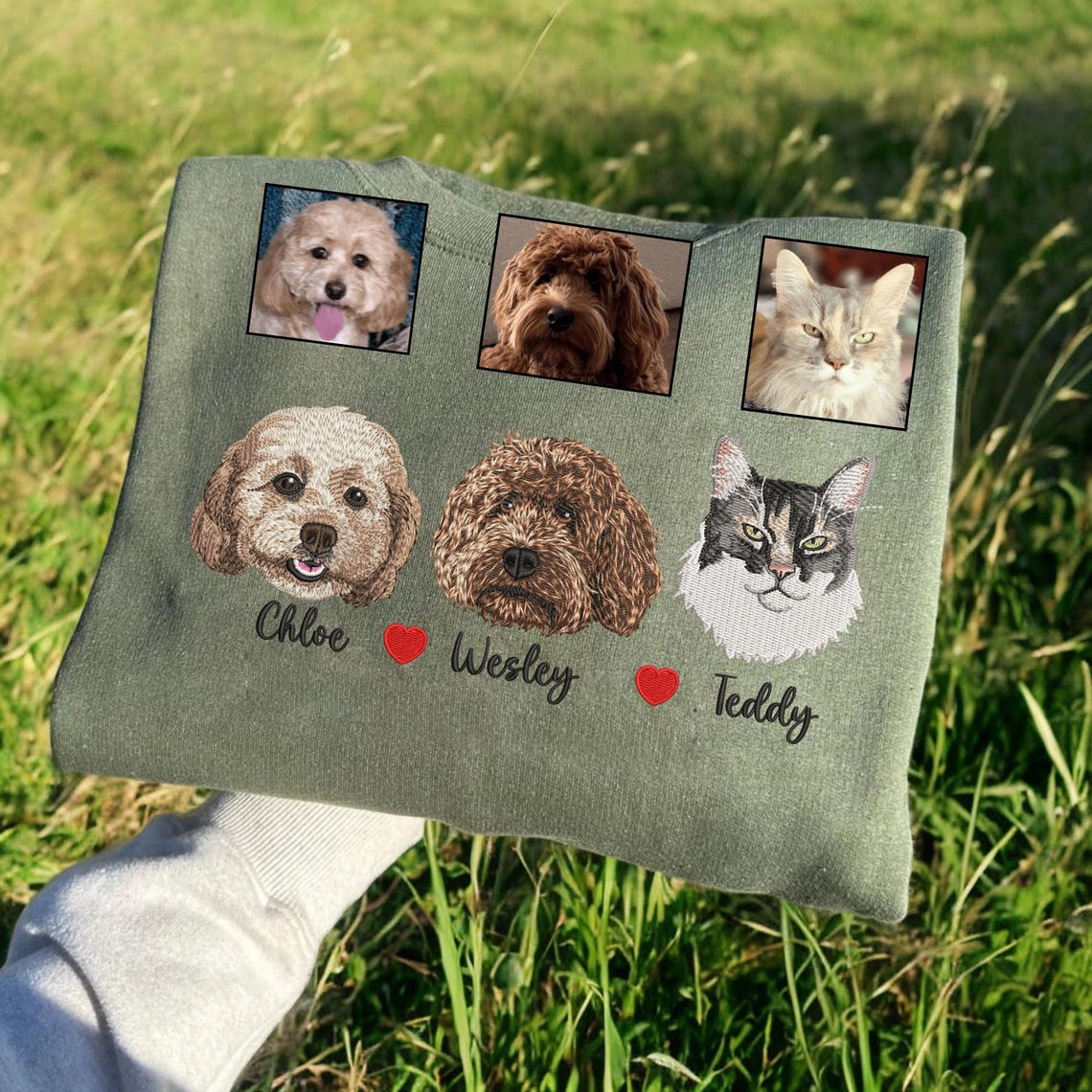Cara de mascota bordada personalizada y nombre de mascota sudadera retrato de perro bordado cuello redondo regalo amante de las mascotas