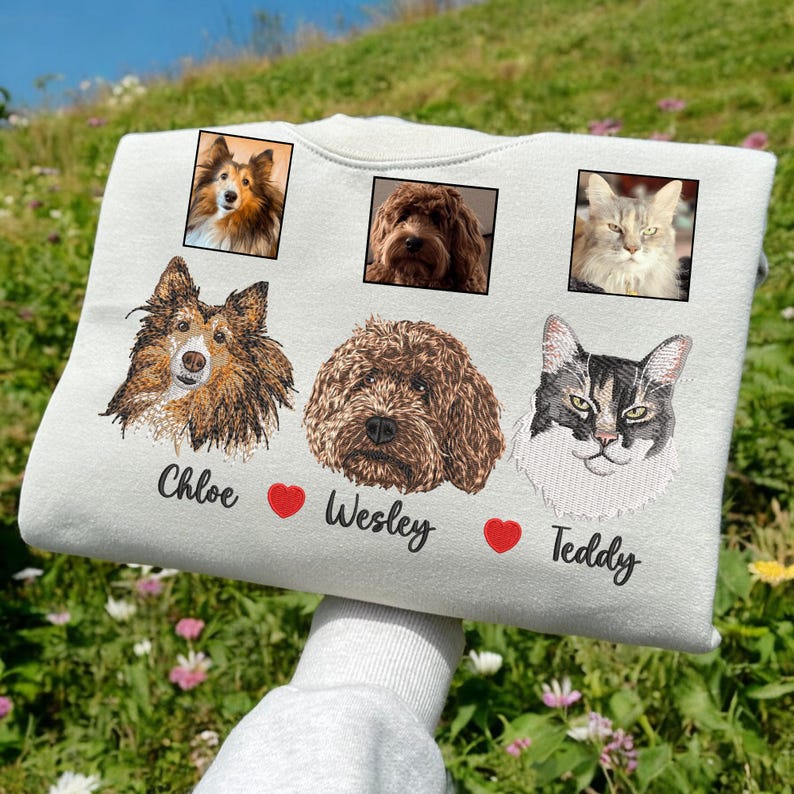 Cara de mascota bordada personalizada y nombre de mascota sudadera retrato de perro bordado cuello redondo regalo amante de las mascotas
