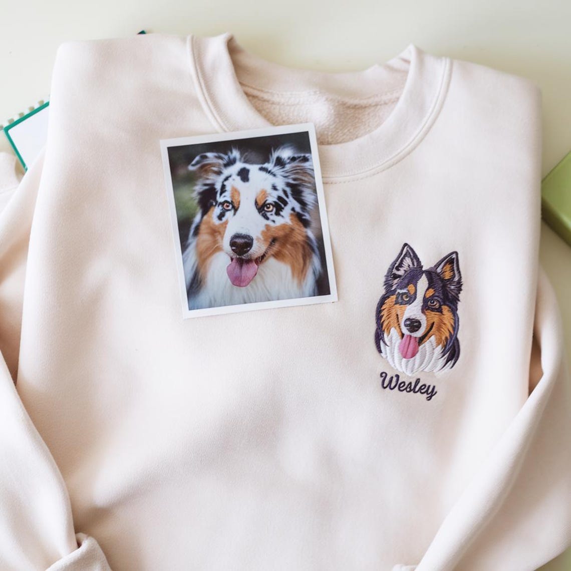 Cara de mascota bordada personalizada y nombre de mascota sudadera retrato de perro bordado cuello redondo regalo amante de las mascotas