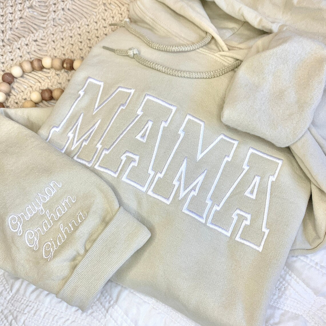 Embroidered MAMA Crewneck Sweatshirt Kid Name on Sleeve Gift for Mom
