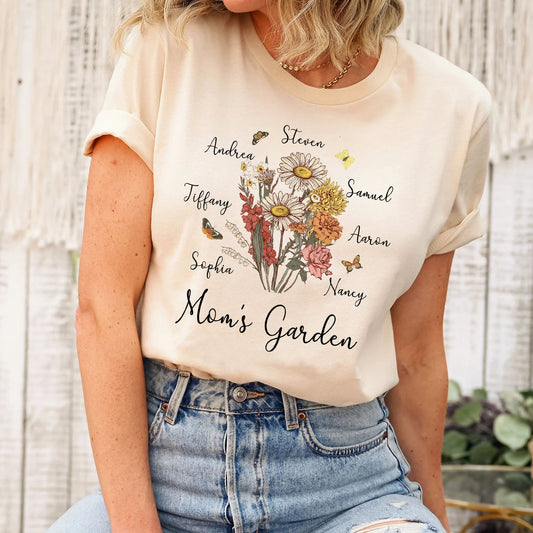 Personalisiertes Mamas Garten Geburtsblumenstrauß Shirt mit Kindernamen Muttertagsgeschenk für Mama Oma