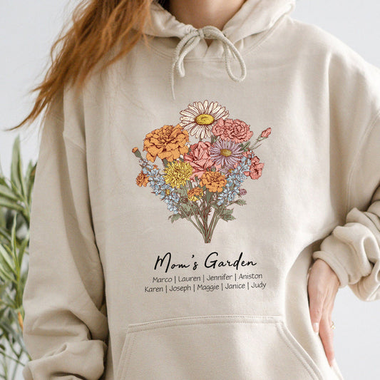 Personalisierter Mamas Garten Geburtsblumenstrauß Hoodie mit Kindernamen Muttertagsgeschenk