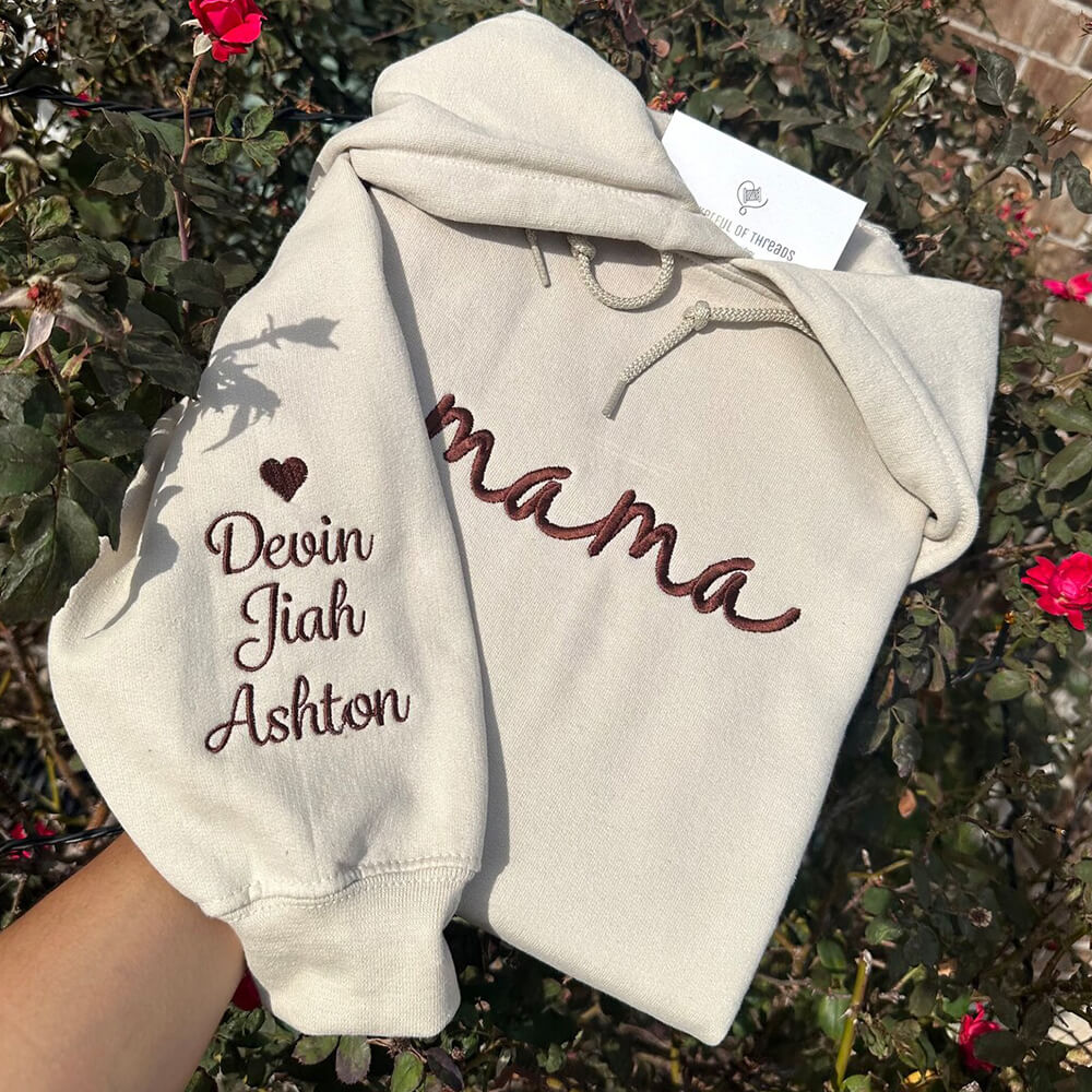Custom Embroidered Mama Sweatshirt with Kids Names on Sleeve Mother's Day Gift for Mom Grandma