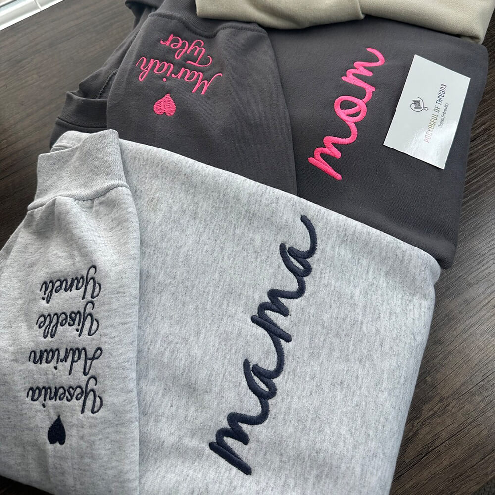 Custom Embroidered Mama Sweatshirt with Kids Names on Sleeve Mother's Day Gift for Mom Grandma