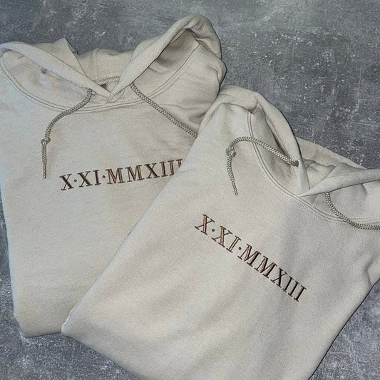 Personalized Embroidered Roman Numeral On Chest Matching Hoodie Valentines Day Couple Gifts