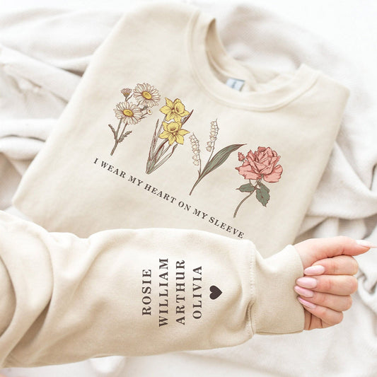 Personalized Birth Flower Sweatshirt "I Wear My Heart On My Sleeve" Gift for Mom Grandma