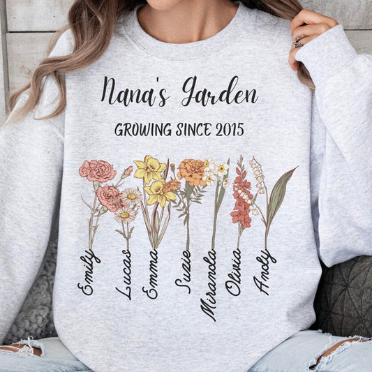 Personalisiertes Nana's Garden Geburtsblumen Sweatshirt mit Enkelnamen Muttertagsgeschenk