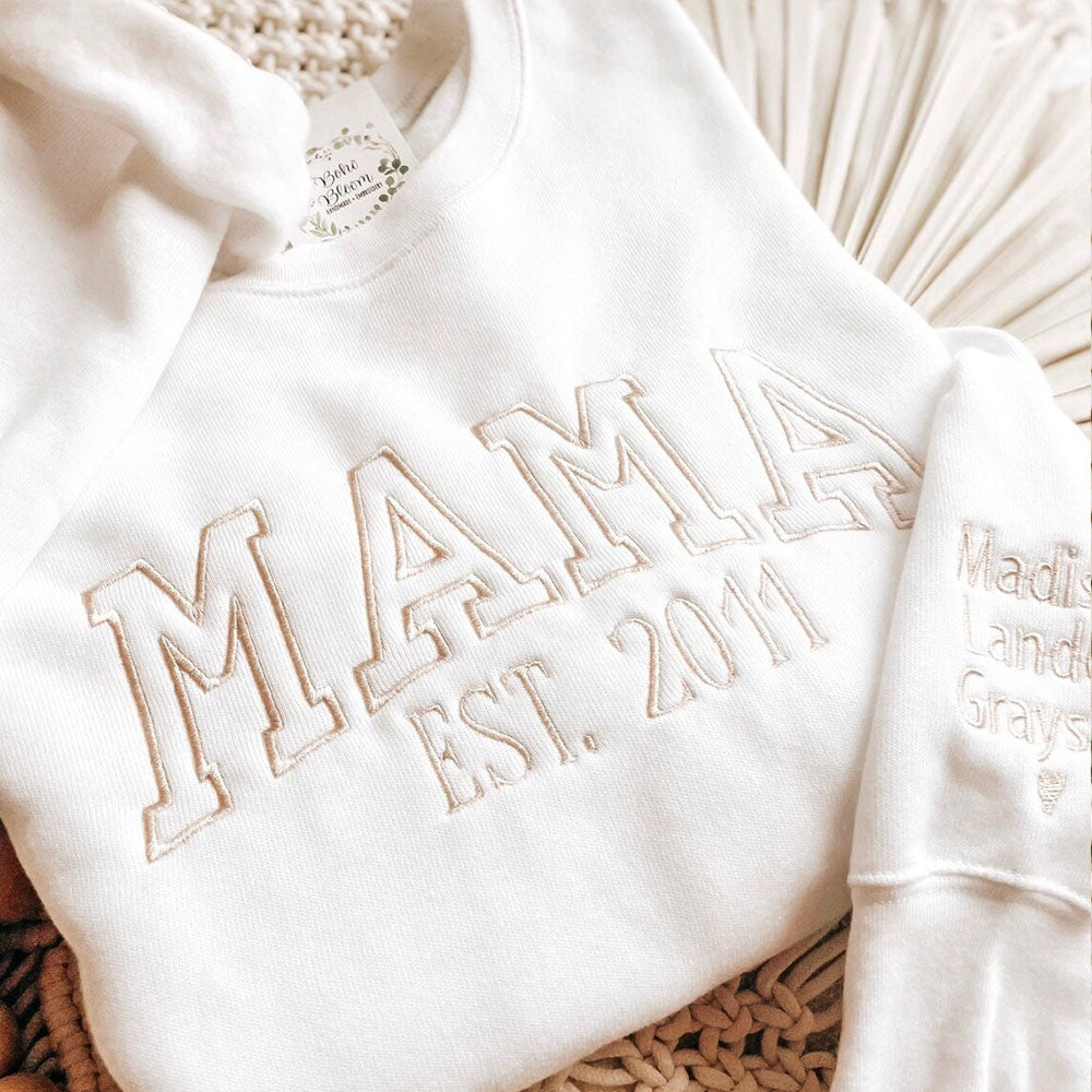 Embroidered MAMA Crewneck Sweatshirt Kid Name on Sleeve Gift for Mom