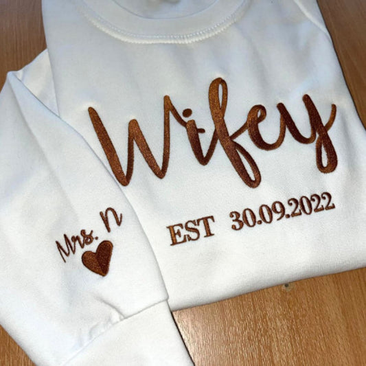 Custom Embroidered Wifey Hubby Year Matching Couple Sweatshirt Valentine Gift