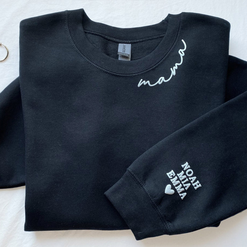 Sudadera de vinilo con escote abullonado para mamá personalizada con los nombres de los niños en la manga, regalo para el Día de la Madre