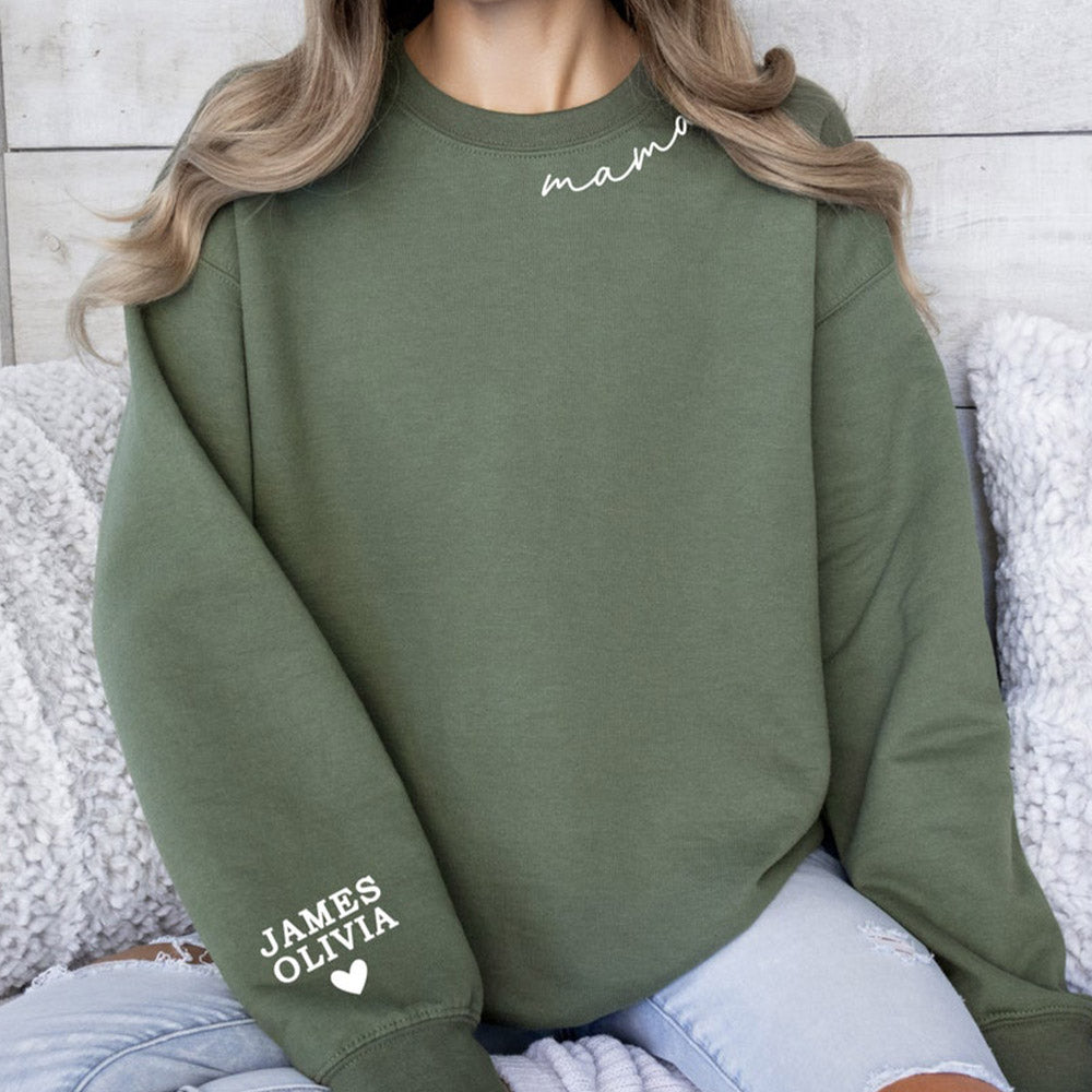 Sudadera de vinilo con escote abullonado para mamá personalizada con los nombres de los niños en la manga, regalo para el Día de la Madre