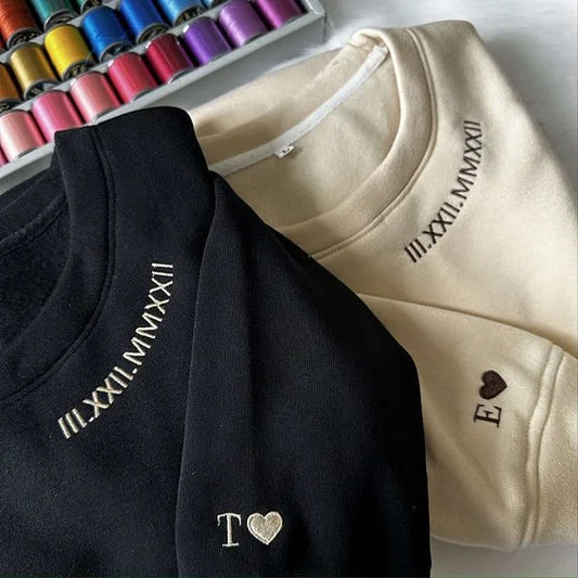 Personalized Embroidered Roman Numeral Date Matching Hoodie Sweatshirt Valentines Day Couple Gifts-Buy 2 Free Shipping
