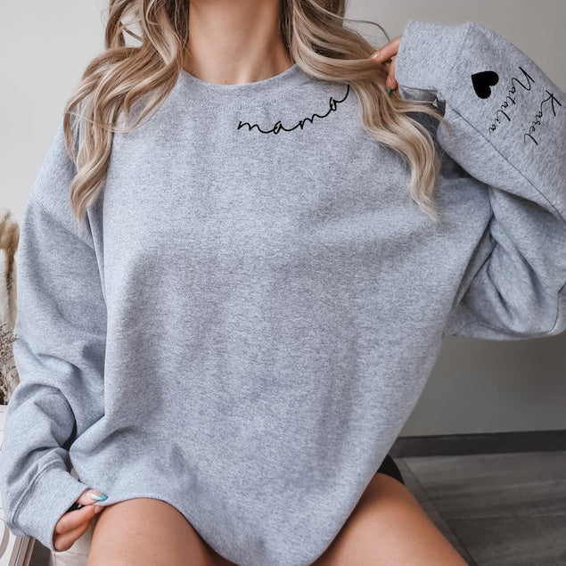 Personalized Mama Sweatshirt with Custom Name On The Sleeve for Mother's Day