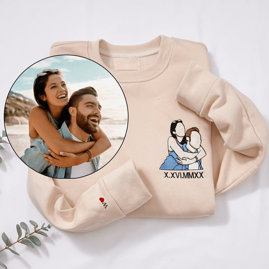 Custom Embroidered Couple Portrait Matching Hoodie Sweatshirt Anniversary Valentines Day Couple Gifts