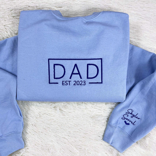 Custom Dad Sweatshirt Embroidered Sleeve Personalized Dad Est 2023 Crewneck
