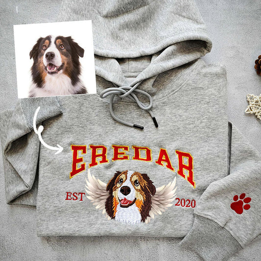 Personalized Pet EST Sweatshirt Embroidered Pet Face and Angle Wings Hoodie Pet Memorial Gift for Pet Lovers