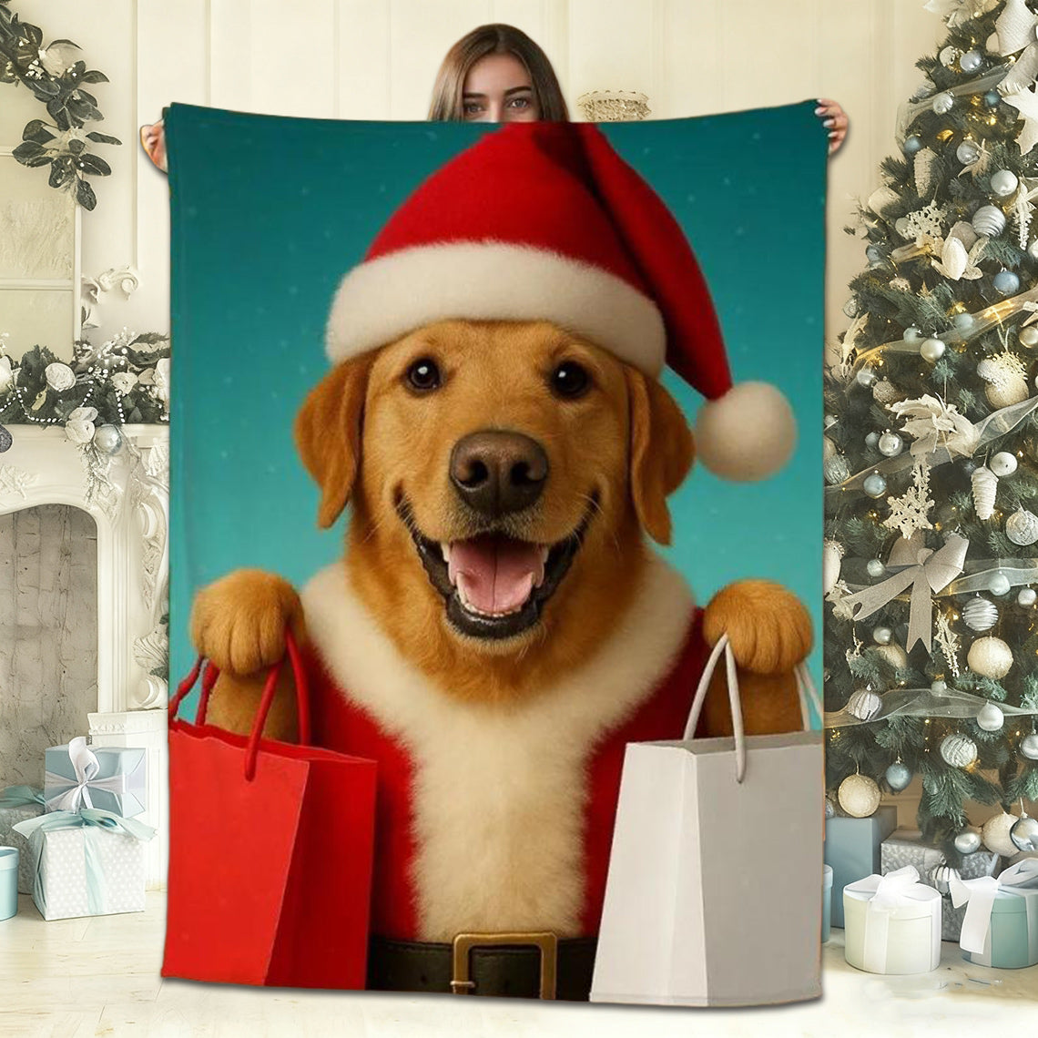 Personalized Christmas Pet Portrait Blanket with Santa Hat and Name Christmas Gift For Dog Cat Pet Lovers