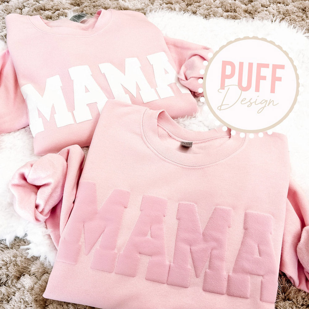Personalisiertes Mama Puff Vinyl Sweatshirt mit Kindernamen auf dem Ärmel Muttertagsgeschenk