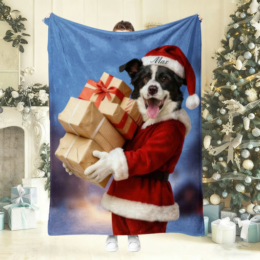 Personalized Christmas Pet Portrait Blanket with Santa Hat and Name Christmas Gift For Dog Cat Pet Lovers