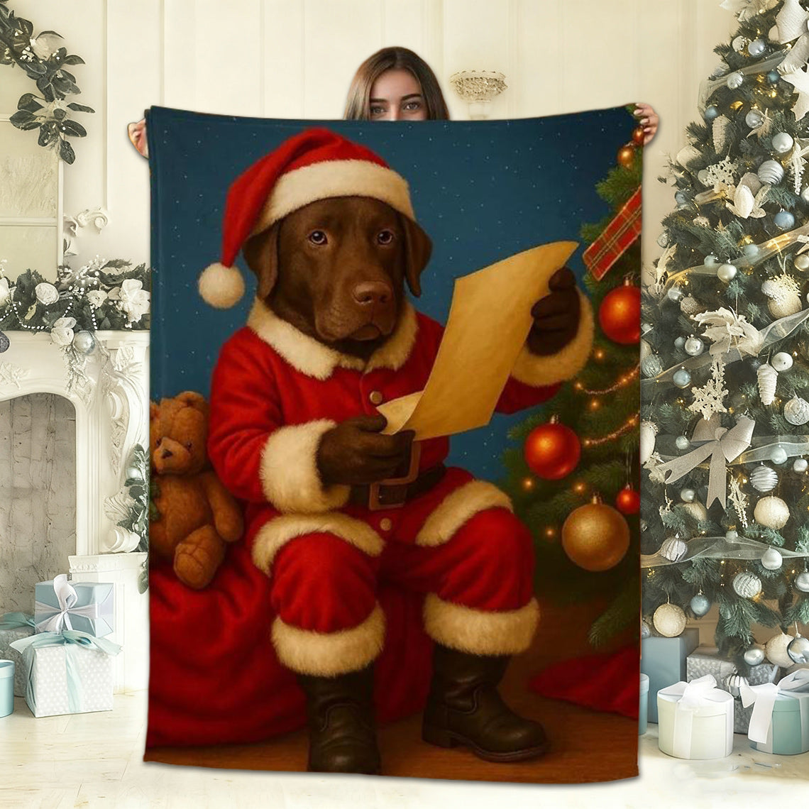 Personalized Christmas Pet Portrait Blanket with Santa Hat and Name Christmas Gift For Dog Cat Pet Lovers