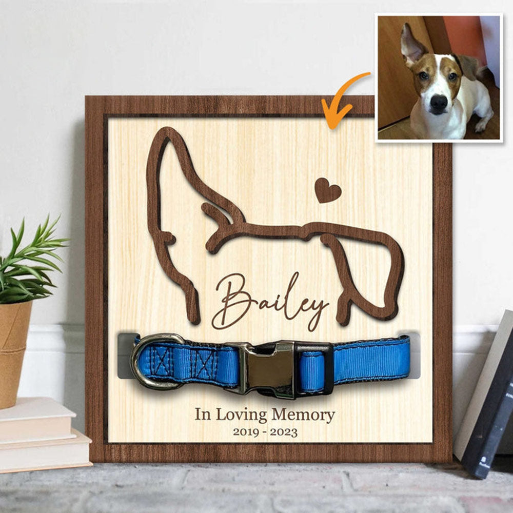 Marco de collar conmemorativo personalizado para mascotas con oreja y nombre. Regalo de condolencias por la pérdida de un perro.