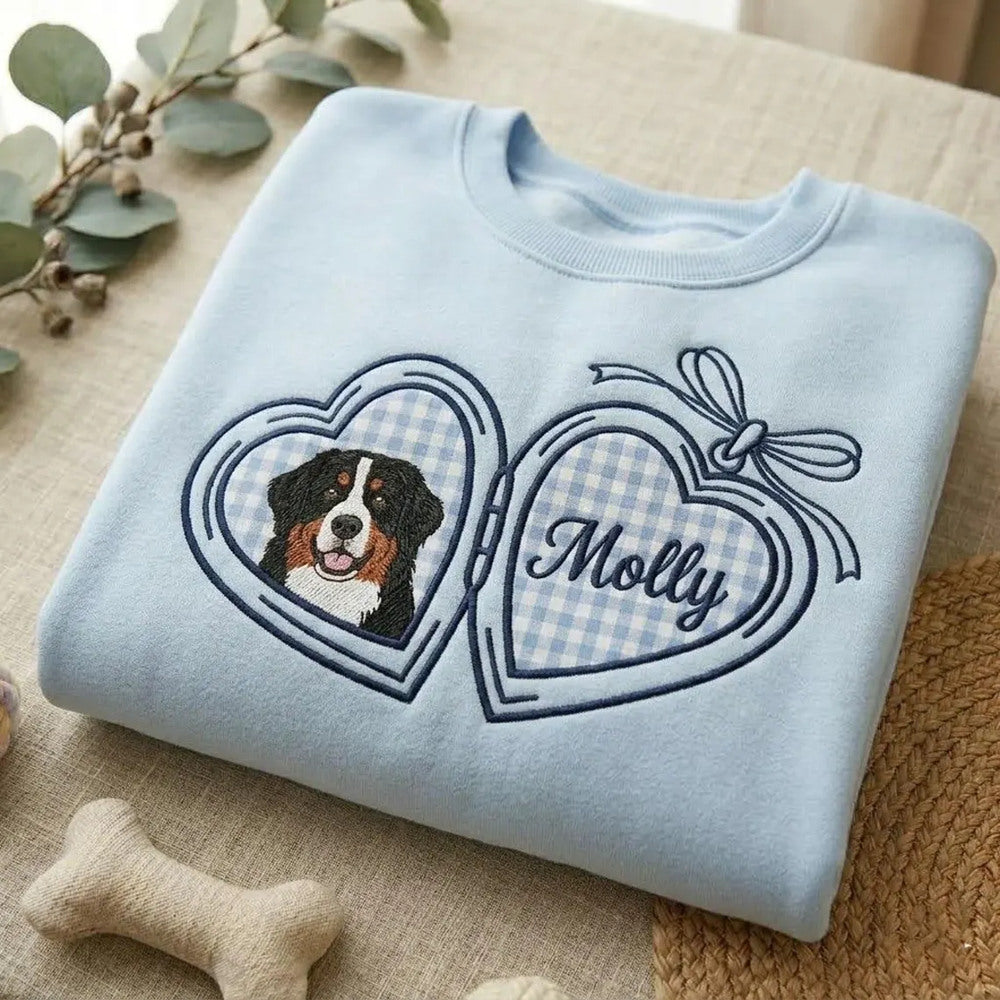 Vintage Locket Pet Portrait Sweatshirt, Embroidered Custom Dog Cat Face Photo Coquette Crewneck, Pet Lover Gift