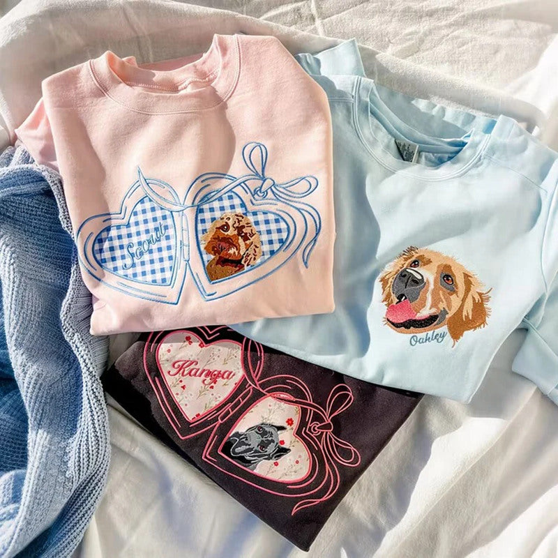 Vintage Locket Pet Portrait Sweatshirt, Embroidered Custom Dog Cat Face Photo Coquette Crewneck, Pet Lover Gift